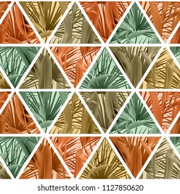 Tropical plants in triangles seamless vector pattern. Crane flower and palm leaves geometric triangular tiles grid repeating background. Cool design. Paradise flowers leaves vector textile pattern