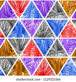 Tropical plants in triangles seamless vector pattern. Crane flower and palm leaves geometric triangular tiles grid repeating background. Simple design. Paradise flowers leaves vector fabric pattern.