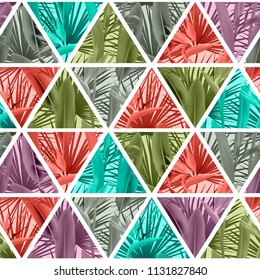 Tropical plants in triangles seamless vector pattern. Crane flower and palm leaves geometric triangular tiles grid repeating background. Simple design. Paradise plants vector textile pattern.