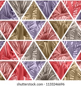Tropical plants in triangles seamless vector pattern. Crane flower and palm leaves geometric triangular tiles grid repeating background. Exotic design. Paradise plants vector textile pattern.