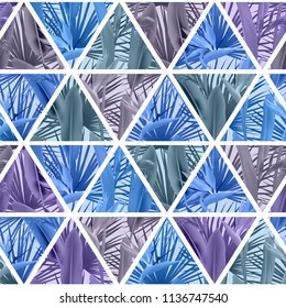 Tropical plants in triangles seamless vector pattern. Crane flower and palm leaves geometric triangular tiles mosaic repeating background. Exotic design. Paradise plants vector textile pattern.