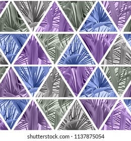 Tropical plants in triangles seamless vector pattern. Crane flower and palm leaves geometric triangular tiles grid repeating background. Bright design. Paradise plants vector fabric pattern.
