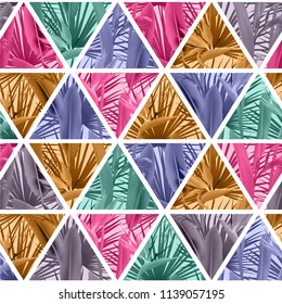 Tropical plants in triangles seamless vector pattern. Crane flower and palm leaves geometric triangular tiles grid repeating background. Simple design. Paradise plants vector textile pattern.