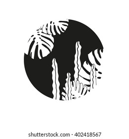 Tropical plants vector illustration. Black and white minimalistic design.