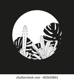 Tropical plants vector illustration. Black and white minimalistic design.
