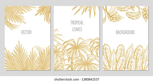 Tropical Plants. Vector Set of Summer Floral Greeting Card, Banner and Background with Golden Tropic Palm Tree Leaves. Palm Leaf Doodle Sketch Frame with Copy Space for Text.