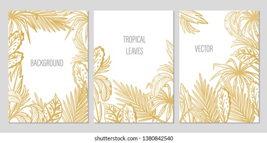 Tropical Plants. Vector Set of Summer Floral Greeting Card, Banner and Background with Golden Tropic Palm Tree Leaves. Palm Leaf Doodle Sketch Frame with Copy Space for Text.