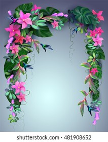 tropical plants, vines, flowers and hummingbirds for design greeting cards.Vector background