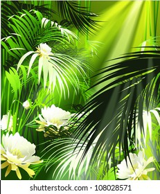 tropical plants and white flowers (vector plant jungle)