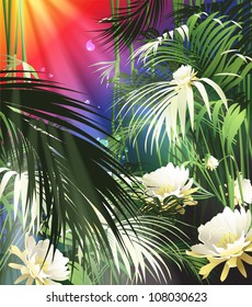 tropical plants and white flowers (vector plant jungle)