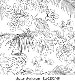 Tropical plants and white orchid flowers. Seamless pattern, background. Vector illustration. Graphic drawing, engraving style.  Isolated on white background.