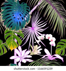 Tropical plants and white orchid flowers. Seamless pattern, background.   Colored and outline design. Vector illustration in neon, fluorescent colors.