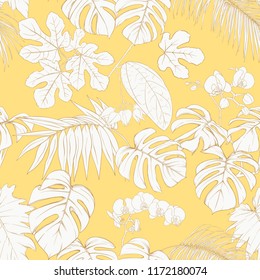 Tropical plants and white orchid flowers. Seamless pattern, background. Outline drawing vector illustration.  On soft yellow background.