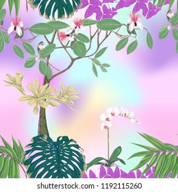 Tropical plants and white orchid flowers. Seamless pattern, background. Colored vector illustration In light ultra violet pastel colors on mesh pink, blue background 