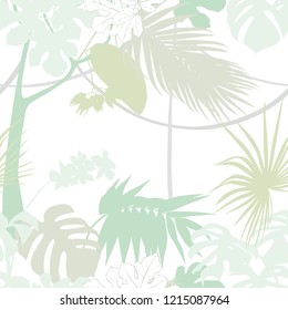 Tropical plants and white orchid flowers. Seamless pattern, background. Vector illustration. Colored vector illustration without gradients and transparency.  Colored and outline design. 
