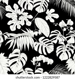 Tropical plants and white orchid flowers. Seamless pattern, background. Vector illustration. Black-and-white graphics. Vector illustration.