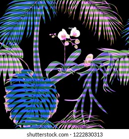 Tropical plants and white orchid flowers. Seamless pattern, background. Colored vector illustration in neon, fluorescent colors