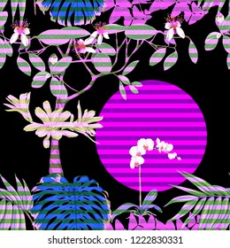 Tropical plants and white orchid flowers. Seamless pattern, background. Colored vector illustration in neon, fluorescent colors