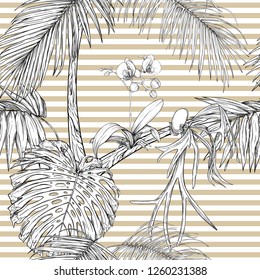 Tropical plants and white orchid flowers. Seamless pattern, background.  Graphic drawing, engraving style. vector illustration. On beige and white stripes background.
