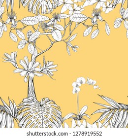 Tropical plants and white orchid flowers. Seamless pattern, background.  Graphic drawing, engraving style. vector illustration. On soft yellow background.