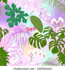 Tropical plants and white orchid flowers. Seamless pattern, background. Colored vector illustration. In light ultra violet pastel colors on mesh pink, blue background 
