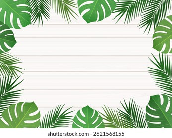 Plantas tropicais e quadro de madeira branca ilustração background_vetor