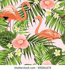 Tropical plumeria and camellia flowers, jungle palm leaves and flamingo birds. Fashion fabric pattern on light pink background. Seamless texture backdrop. Vector design drawing.