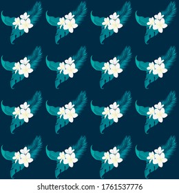 tropical plumeria flower whith palms leafs vector pattern 