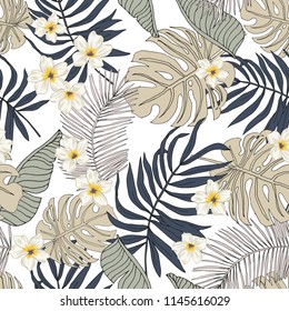 Tropical plumeria flowers and palm leaves, white background. Vector seamless pattern. Jungle foliage illustration. Exotic plants. Summer beach floral design. Paradise nature. Neutral color