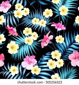 Tropical plumeria and green palm leaves. Dark fabric swatch with pradise flowers isolated over black background. Seamless fabric texture. Vector illustration.