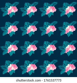 tropical plumeria and hibiscus flower whith palms leafs vector pattern 