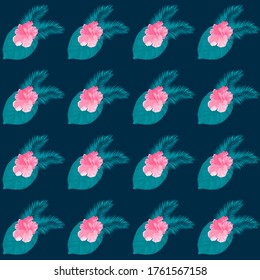 tropical plumeria and hibiscus flower whith palms leafs vector pattern 