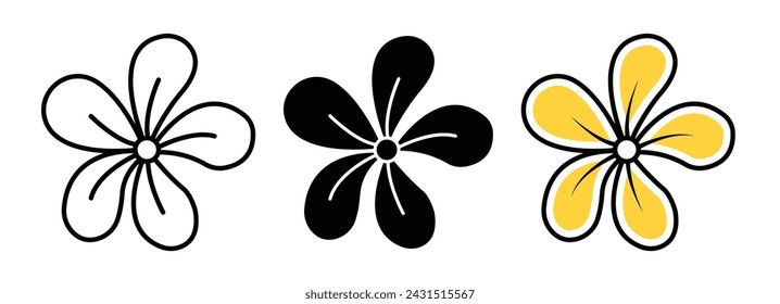 Tropical Plumeria Line Icon. Exotic Frangipani Icon in Outline and Solid Flat Style.