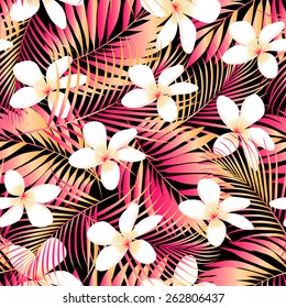 Tropical Plumeria with red and orange leaves seamless pattern .