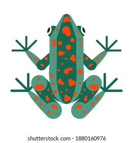 Tropical poison dart frog icon. Green geometric poisonous amphibian with brightly colored body. Orange-spotted toad from tropic forest.