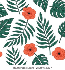 Tropical poppy seamless tile pattern with lush green leaves and vibrant poppy centers on white background ideal for sunny lounges concept as Lush green leaves and vibrant poppy centers on white background create tropical poppy seamless tile pattern for sunny lounges in Photo Stock Concept and empty space on the left side,no text --ar 7:2 --tile