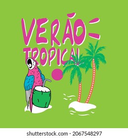 Verão tropical en portugues, verano tropical, bello macaw y agua de coco camiseta Cama de moda fantástica para pantalla de seda y sublimación Rh+
