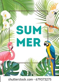 Tropical postcard with birds. Summer vector illustration.