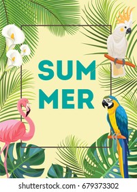 Tropical postcard with birds. Summer vector illustration.