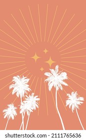 Tropical poster in boho warm colors. Geometric abstract sun and stars and sketchy palm trees silhouette.