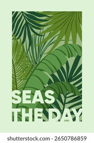 Tropical poster design with jungle leaves. Green rainforest foliage, framed card background. Exotic greenery, fresh palm leaf, fronds, plants, nature vacation postcard. Flat vector illustration