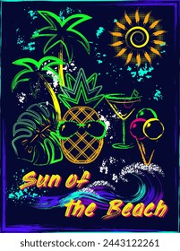 Tropical poster with icons of pineapple, cocktail glass, palm trees, sun, sea wave. Grunge paint brush strokes, splattered paint. Glowing neon fluorescent colors. Outline, contour illustrations.