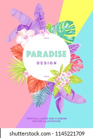 Tropical poster with palm leaves and exotic flowers. Round frame. Vector illustration.