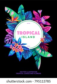 Tropical poster with palm leaves and exotic flowers. Round frame. Vector illustration.