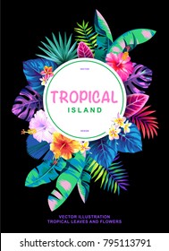 Tropical poster with palm leaves and exotic flowers. Round frame. Vector illustration.