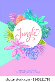 Tropical poster with palm leaves. Round frame. Vector illustration.