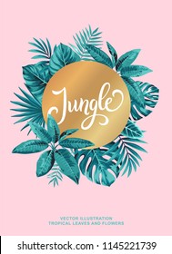 Tropical poster with palm leaves. Round frame. Vector illustration.