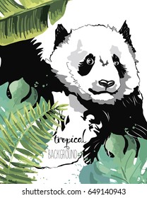 Tropical poster with panda and exotic leaves.