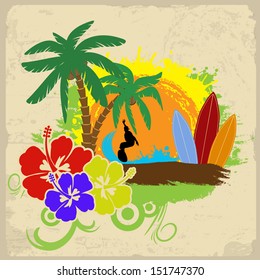 Tropical poster with a surfer, hibiscus flowers and palm trees on vintage background, vector illustration