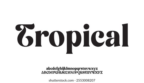 Tropical, premium luxury elegant alphabet letters and numbers. Elegant wedding typography classic serif font decorative vintage retro. Creative vector illustration